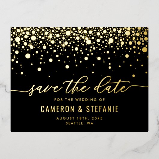 Black Modern Confetti Stippen Gold Foil Bespaar op Folie Uitnodiging Briefkaart (Voorkant)