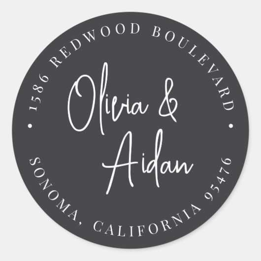 Black | Modern handgeschreven adres voor weduwen Ronde Sticker (Voorkant)