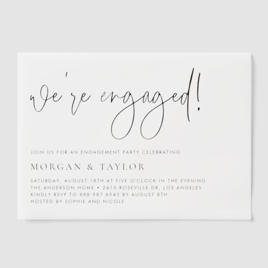 Black Modern Handwritten Script Engagement Party Vellum Uitnodigingen (Voorkant)