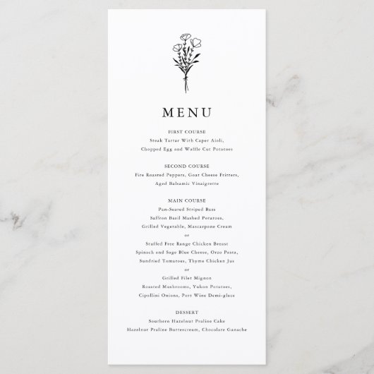 Black Modern minimalist Floral Bouquet Wedding Menu (Voorkant)