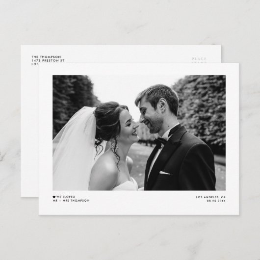 Black Modern minimalist Photo Wedding Elopement Aankondigingskaart (Voorkant / Achterkant)