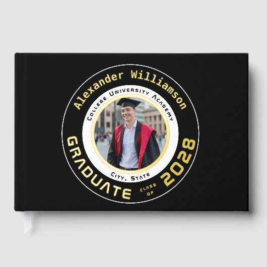 Black Modern Photo Graduation Gold Foil Guest Book (Recto)