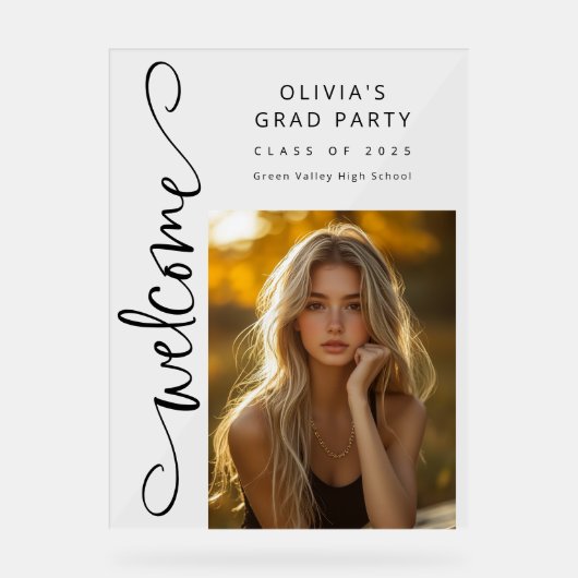 Black Modern Script Photo Afstudeerder Party Welko Acryl Bord (Voorkant)