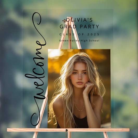 Black Modern Script Photo Afstudeerder Party Welko Acryl Bord (Neutraal)