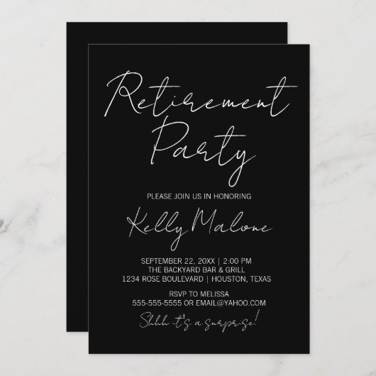Black Modern Script Retraite Party Invitation (Devant / Derrière)