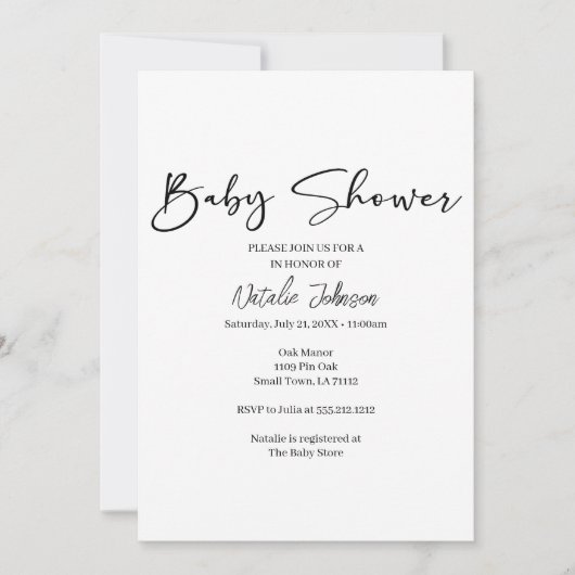 Black Modern Simple Script Baby Shower Invitation (Devant)