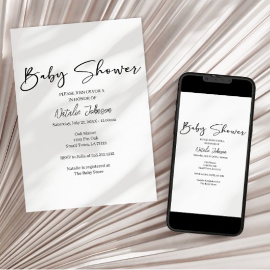 Black Modern Simple Script Baby Shower Invitation
