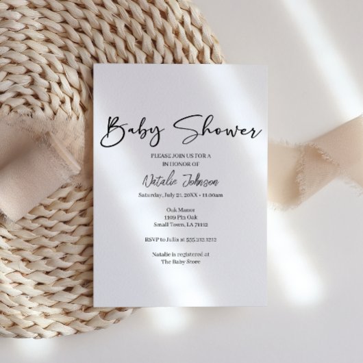 Black Modern Simple Script Baby Shower Invitation Kaart