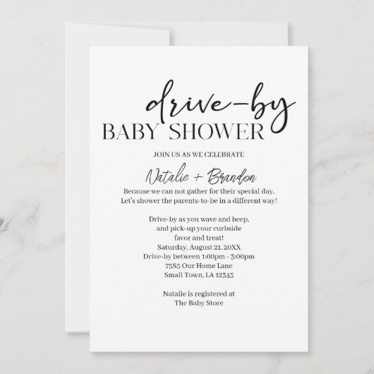 Black Modern Simple Script Drive-By Baby Shower Kaart (Voorkant)