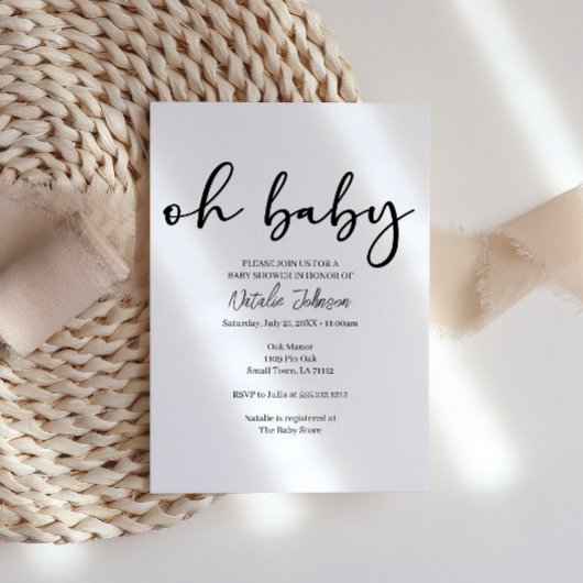 Black Modern Simple Script Oh Baby Shower Kaart