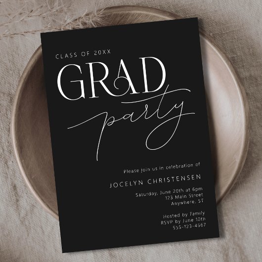 Black Modern Typography Grad Party Invitation