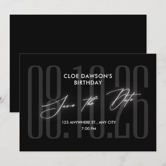 Black Modern verjaardagsfeestje Save The Date (Voorkant / Achterkant)