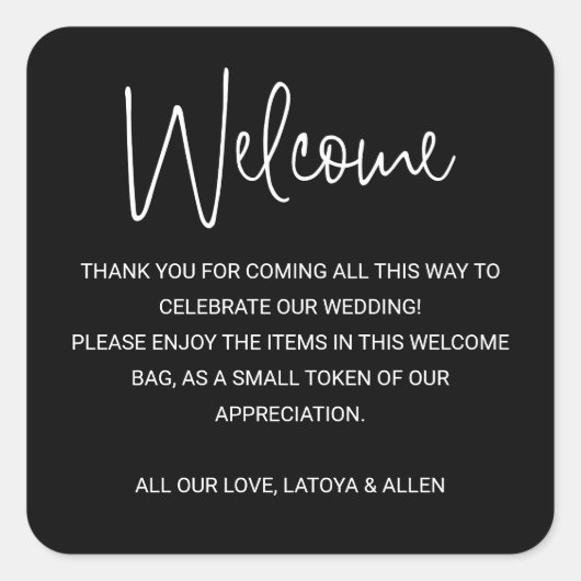 Black Modern Weddenschap Welkom Gift Bag Basket Vierkante Sticker (Voorkant)