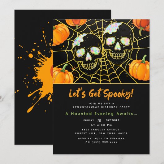 Black | Moderne Faux Opal Halloween schedels Kaart (Voorkant / Achterkant)