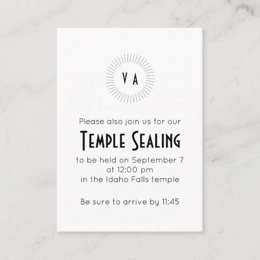 Black Monogram Circle Temple Sealing Invitation Informatiekaartje (Voorkant)