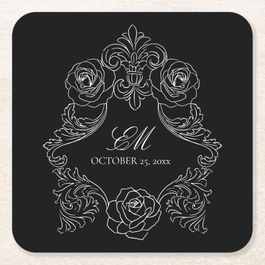 Black  Monogram Crest Wedding Logo Vierkante Kartonnen Onderzetter (Voorkant)