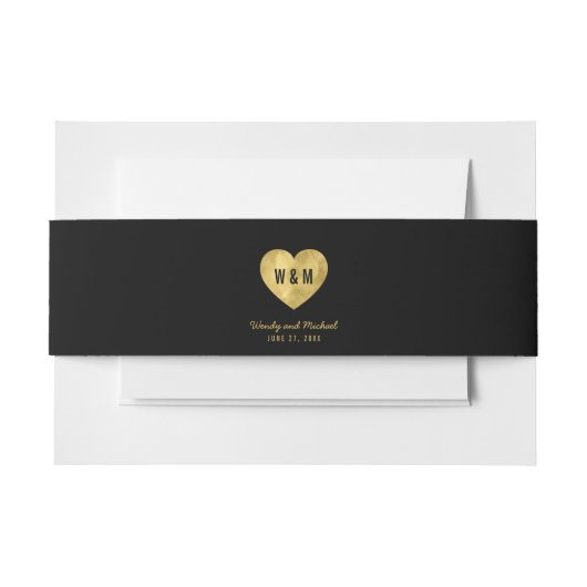 Black Monogram Faux Gold Heart Wedding Uitnodigingen Wikkel (Voorkant Voorbeeld)