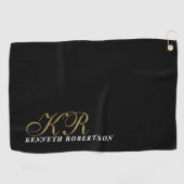 Black Monogram Gold White Name Minimalist Men  Golfhanddoek (Horizontaal)