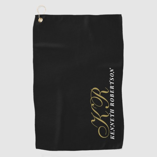 Black Monogram Gold White Name Minimalist Men  Golfhanddoek (Voorkant)