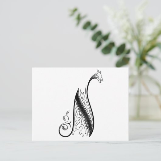 Black  Monogram N Script Floral Briefkaart (Staand voorkant)