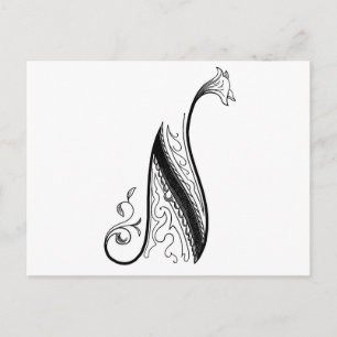Black  Monogram N Script Floral Briefkaart
