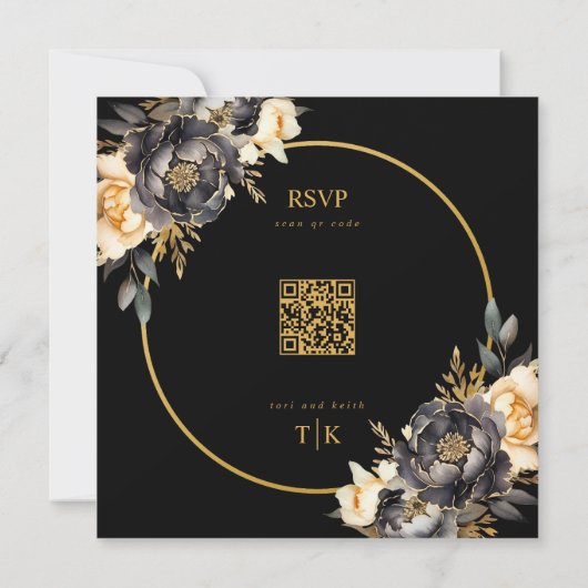 Black Moody Floral QR Code RSVP Faire-part de mari (Dos)