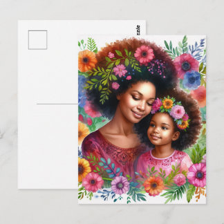 Black Mother and Daughter Floral Watercolor Briefkaart