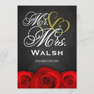 Black Mr & Mrs Red Rose Wedding Invitations Kaart