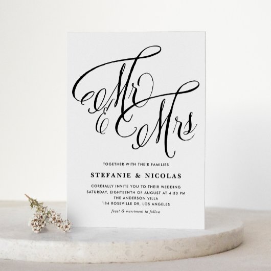 Black Mrs. & Mrs. Rustic Script QR Code Wedding Kaart