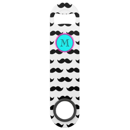 Black Mustache Pattern, Aqua Pink Monogram Speed Flessenopener (Voorkant)