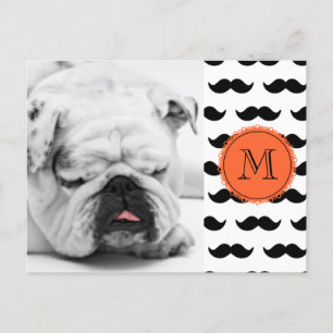 Black Mustache Pattern Coral Monogram Briefkaart