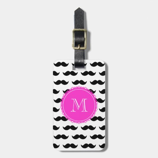Black Mustache Pattern, Hot Pink Monogram Bagagelabel (Voorkant verticaal)