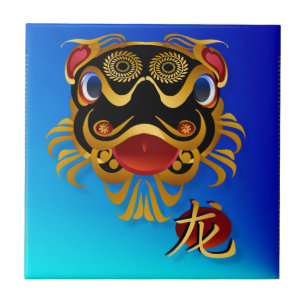 Black n Gold Chinese Dragon Face en Symbol Tiles Tegeltje