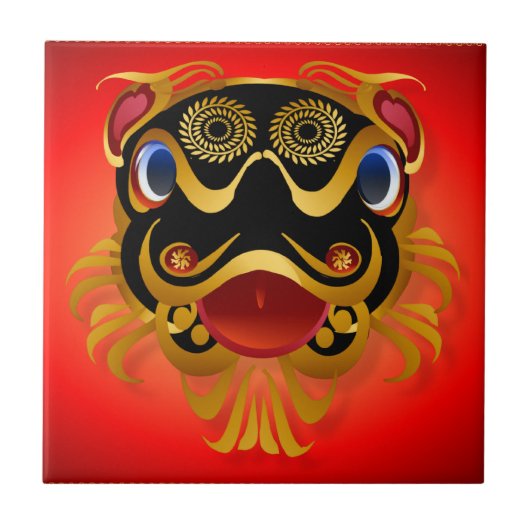 Black 'n Gold Chinese Dragon Face Tiles 'n' Trivet Tegeltje (Voorkant)