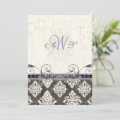 Black 'n White Damask (lila) bruiloft uitnodiging (Staand voorkant)