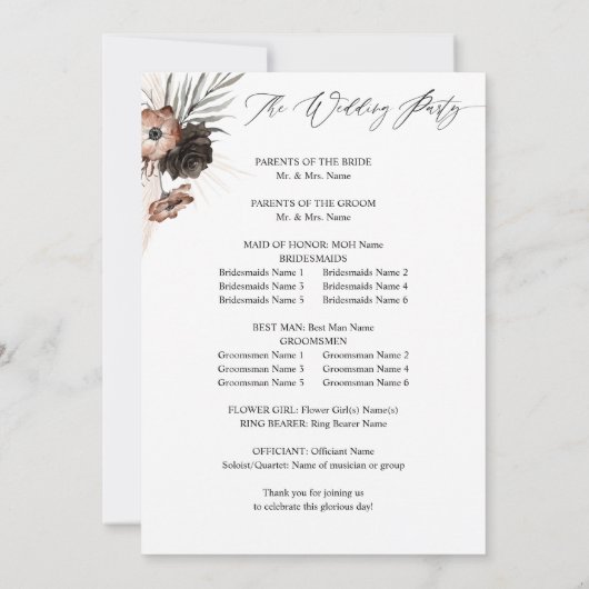 Black & Natural Floral Boho Programme de mariage (Dos)