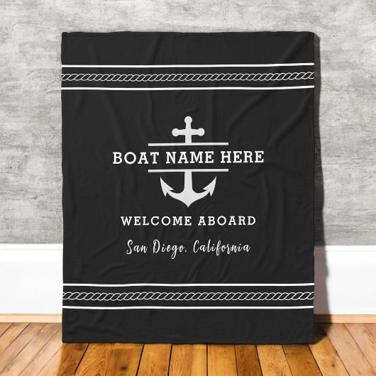 Black Nautical Boat Name Welcome Aboard Anchor Fleece Deken