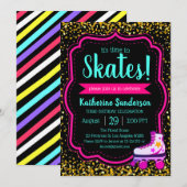 Black Neon Pink Gold glitter Roller Schaats Birthd Kaart (Voorkant / Achterkant)