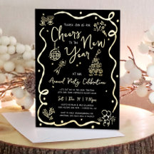 Black New Year Cheer Hand Drawn Party Real Gold