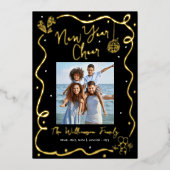 Black New Year Cheer Photo Hand Drawn Real Gold Folie Feestdagenkaart (Voorkant)