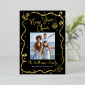 Black New Year Cheer Photo Hand Drawn Real Gold Folie Feestdagenkaart (Staand Voorkant)