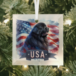 Black Newfie Patriotic  Glas Ornament