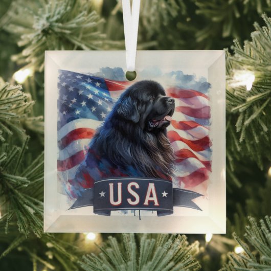 Black Newfie Patriotic Glas Ornament (Insitu)