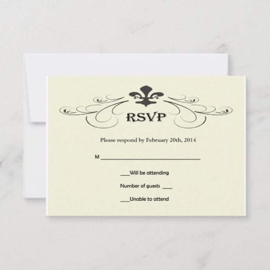 Black Off Blanc Fleur de Lis Mariage Cartes RSVP (Devant)