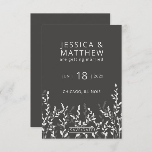 Black Olive · Rustieke Wildflower bruiloft Save The Date (Voorkant / Achterkant)