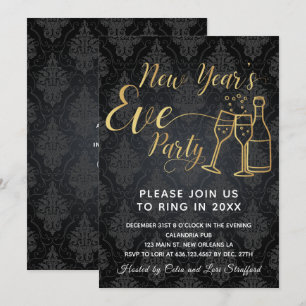 Black on Black Damask New Year's Eve Party Kaart