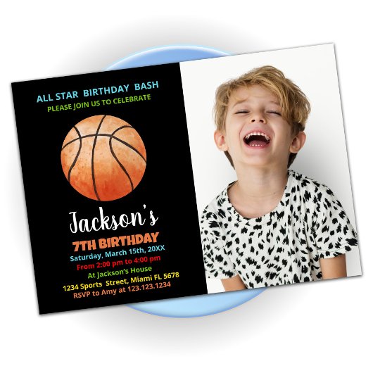 Black Orange Basketball Anniversaire Invitations p