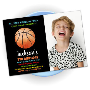 Black Oranje Basketball Birthday Invitation foto Kaart
