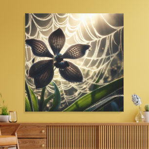Black Orchid Spiderweb Floral Canvas Afdruk