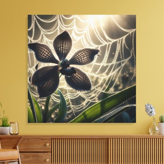 Black Orchid Spiderweb Floral Canvas Afdruk (Insitu (Woonkamer))